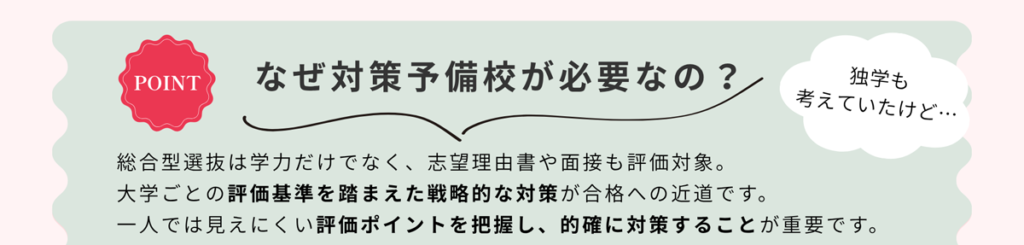 なぜ対策予備校が必要なの？ 独学も考えていたけど 総合型選抜は学力だけでなく、志望理由書や面接も評価対象。 大学ごとの評価基準を踏まえた戦略的な対策が合格への近道です。 一人では見えにくい評価ポイントを把握し、的確に対策することが重要です。