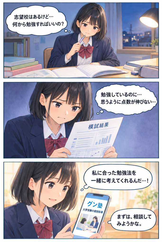 3コマ漫画：第１話・勉強の悩みと希望