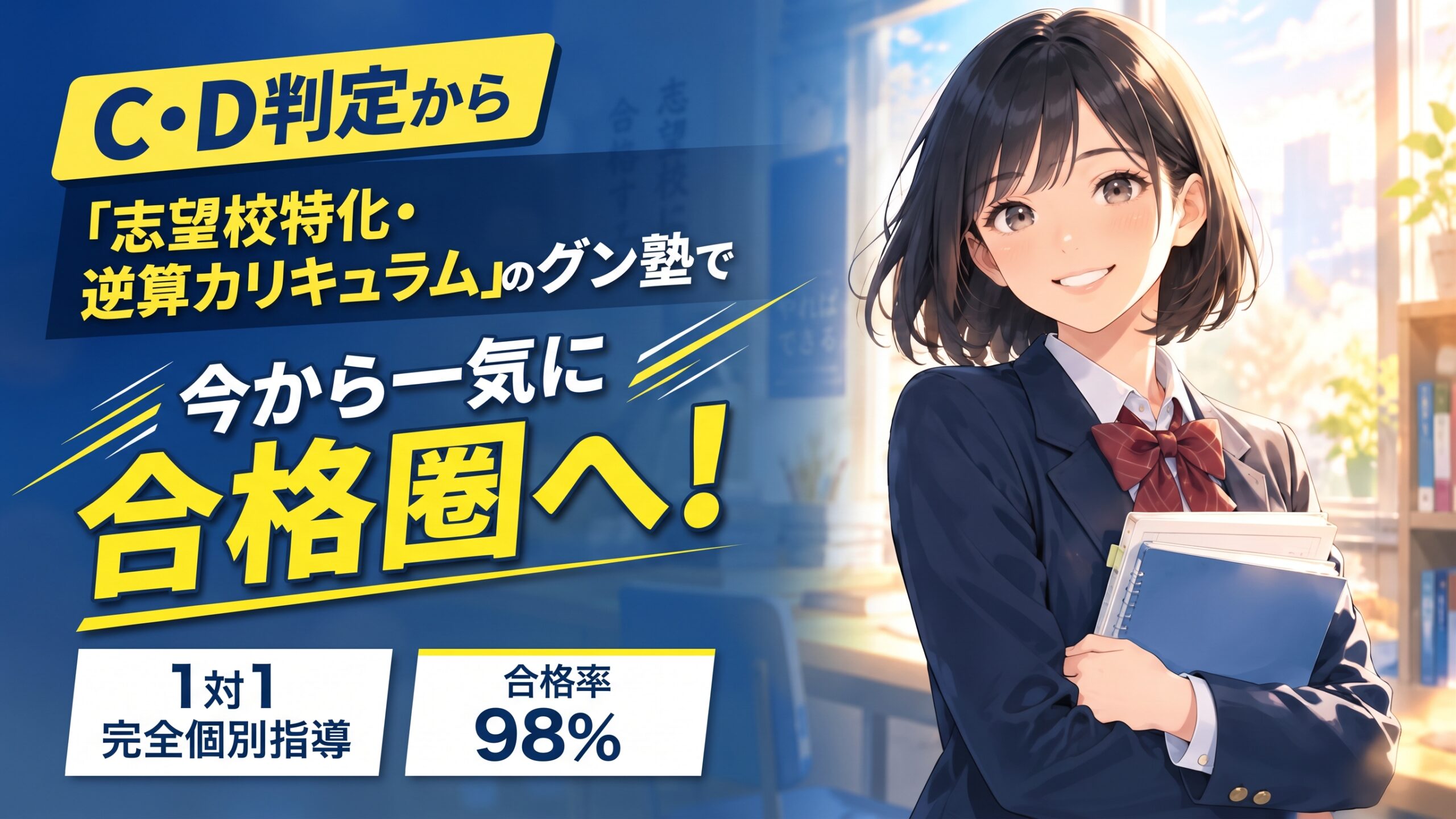 C・D判定から 模試の結果に焦りを感じているなら 「志望校特化・逆算カリキュラム」のグン塾で今から一気に合格圏へ！１対１完個別指導、合格率 98%